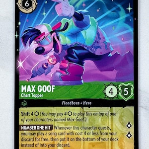 May include: A trading card featuring Max Goof, a cartoon character, in a dynamic pose. The card has a black background with colorful accents and text that reads "MAX GOOF Chart Topper." The card also displays the numbers 6, 4, and 5.