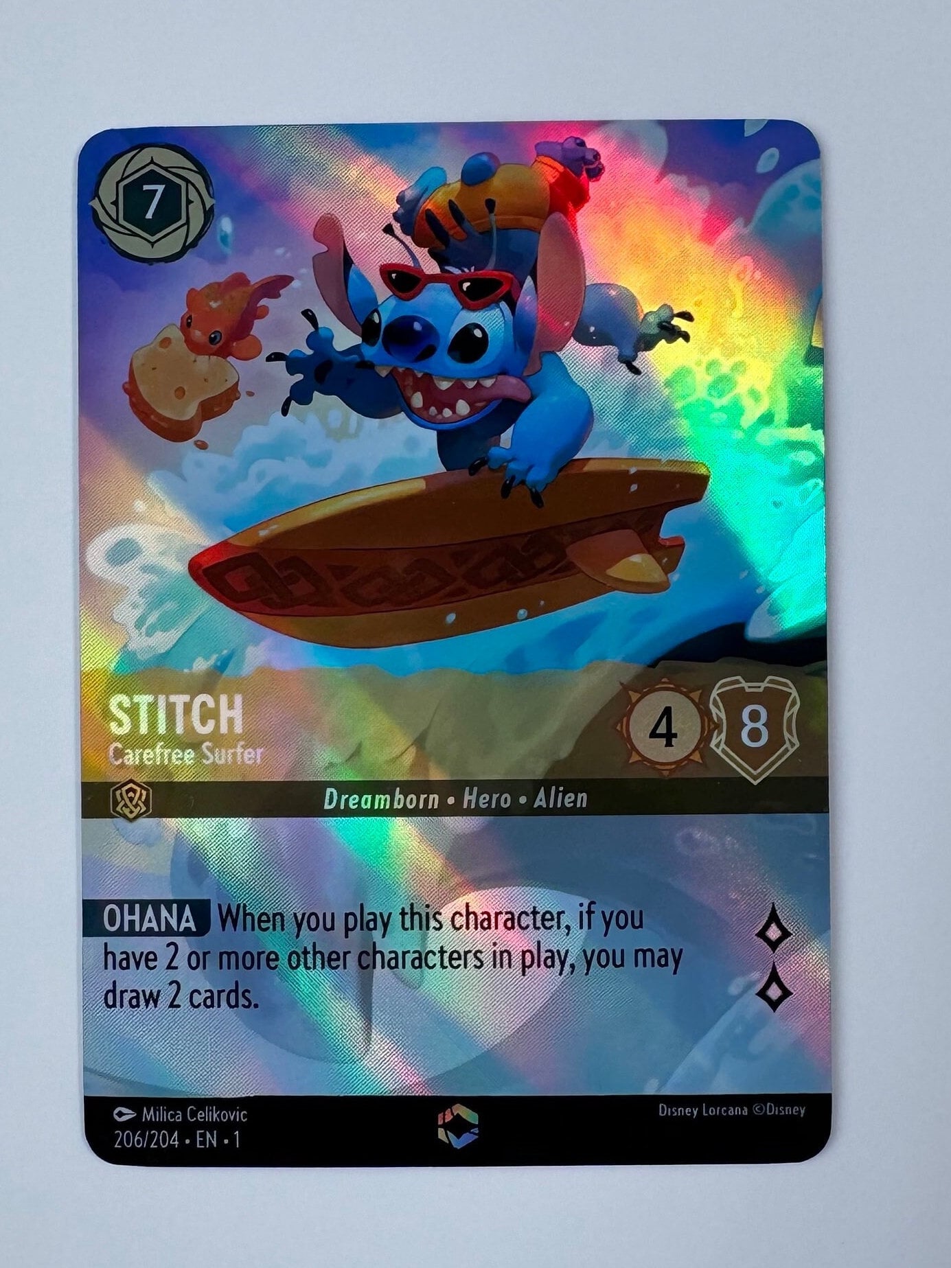Stitch Carefree Surfer (alt Art) Lorcana Proxy/orica, Common/holo