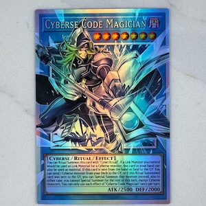 May include: A holographic trading card featuring the character "Cyberse Code Magician." The card has a blue and silver color scheme with a detailed illustration of a warrior wielding a glowing weapon. Text includes card type, effects, and stats.