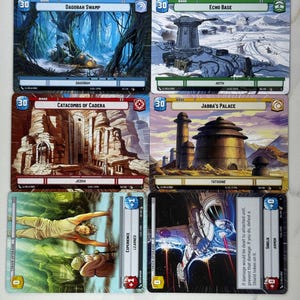 May include: Six Star Wars trading cards depicting scenes from the films. Locations include Dagobah Swamp, Echo Base, Catacombs of Cadera, and Jabba's Palace. Each card has a '30' in the corner and various text, with a sci-fi theme.