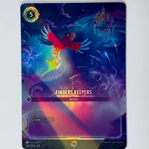 May include: A purple, blue, and green fantasy card game card with a red bird and a yellow bird flying in the air. The card is titled "Finders Keepers" and has the text "Action" and "Draw 3 cards."