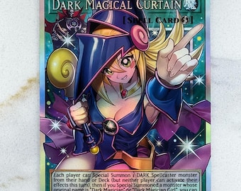 May include: A holographic trading card featuring a female anime character in a dark blue and purple outfit. The card reads "Dark Magical Curtain" with game instructions. The character is blonde with a staff and is making a peace sign.