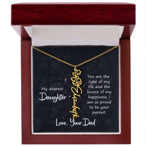 Pour la fille de son père, collier prénom fleur avec carte et coffret cadeau en bois de luxe
