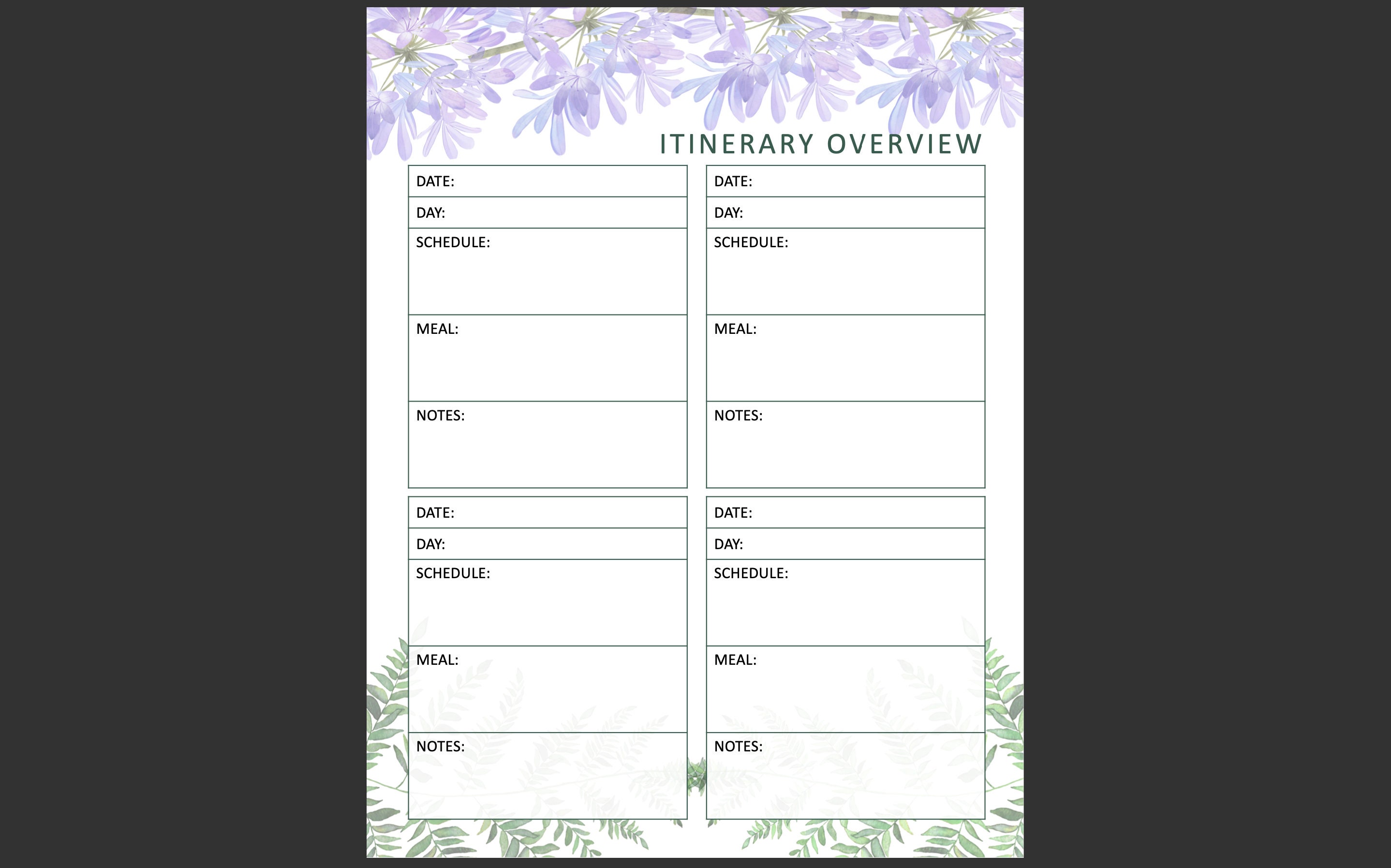 Printable Itinerary Overview Page - Etsy