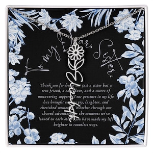 Collier prénom fleur pour soeur, mois de naissance, carte cadeau attentionnée et boîte en bois