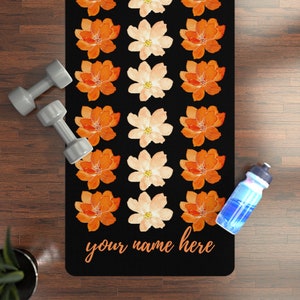 Personalized Floral Yoga Mat: Orange Flower Design, Black Rubber