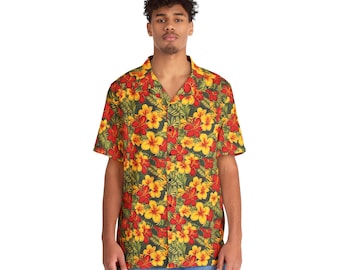 Chiefs inspired hawaiian Shirt | Hawaiian shirt | vacation christmas | honeymoon | red and yellow hawaiian shirt with hibiscus flowers