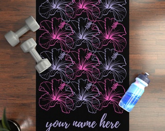 custom black Yoga Mat with Hawaiian flowers