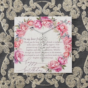 Collier personnalisé avec nom de fleur du mois de naissance, avec carte de message réfléchie et boîte cadeau en bois