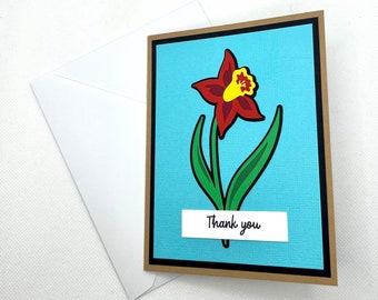 Daffodil Thank You Card, Pretty Handmade Blank A2 Greeting Card, Unique Homemade Floral Appreciation Note Card for Friends and Family