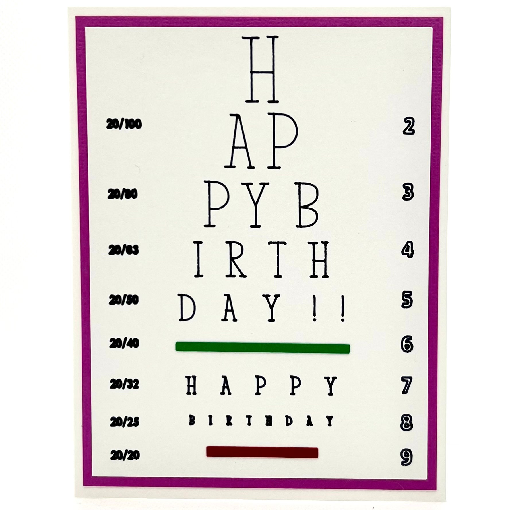 Eye Chart Birthday Card, Unique Homemade Blank A2 Greeting Card, Cool Eye Chart Birthday Card