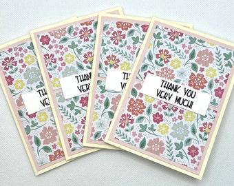 Bulk Spring Floral Thank You Cards, Cute Handmade Set of 4 Blank A1 Greeting Cards, Homemade Appreciation Note Card Pack of Four