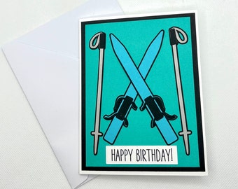 Skiing Birthday Card, Cool Handmade Blank A2 Greeting Card, Unique Homemade B-Day Note Card for Friends and Family, Handcrafted present