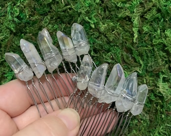 Clear Quartz Wire Wrapped Hair Comb Silver Set of 2
