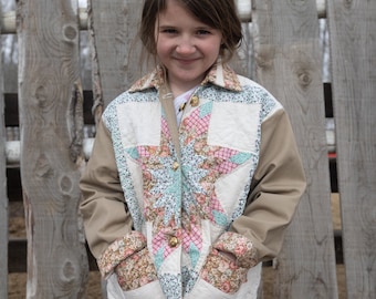 Kids quilt coat from repurposed quilted pillow shams and fully lined with durable twill