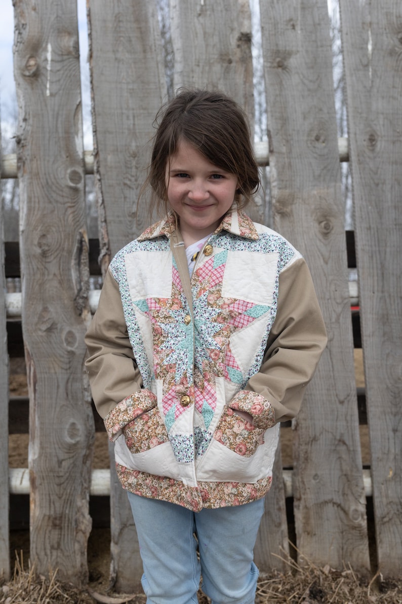 Kids quilt coat from repurposed quilted pillow shams and fully lined with durable twill image 1