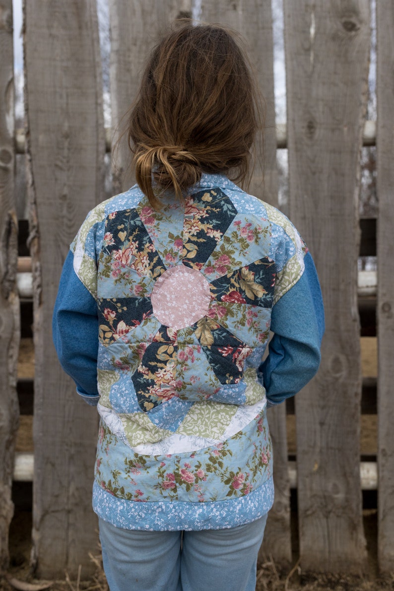 kids quilt coat from repurposed quilted pillow shams and medium weight denim image 2