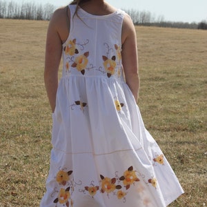 tablecloth dress, cotton, repurposed, embroidered flowers, sleeveless, pullover, womens S to M