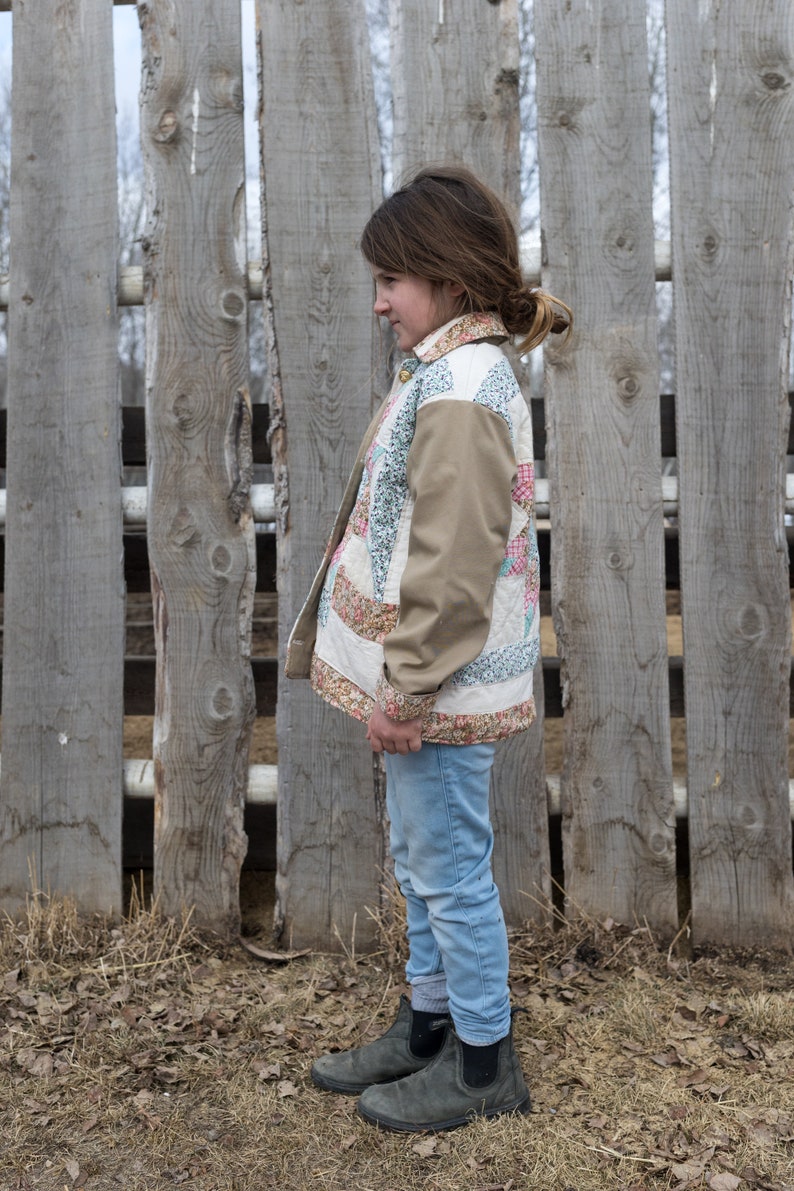 Kids quilt coat from repurposed quilted pillow shams and fully lined with durable twill image 2