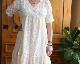 lace tablecloth dress/ upcycle/handmade/ cotton poly blend/ Womens L/ poppyluinspired
