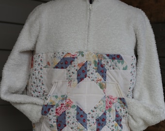 quilted pullover jacket/made from upcycled pillow shams and a zippered fleecy jacket/ perfect for spring and fall