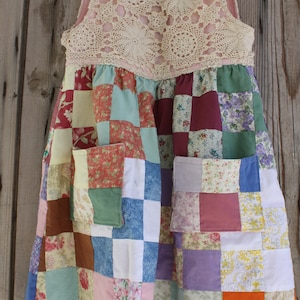 girls quilt top dress fully lined repurposed quilt, tablecloth, vintage crochet, womans dress from same quilt top listed separately