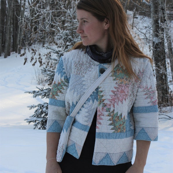 womens shorty quilt jacket repurposed with single clay button closure