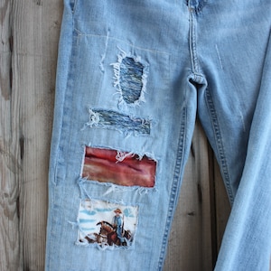 womens jeans patched upcycled