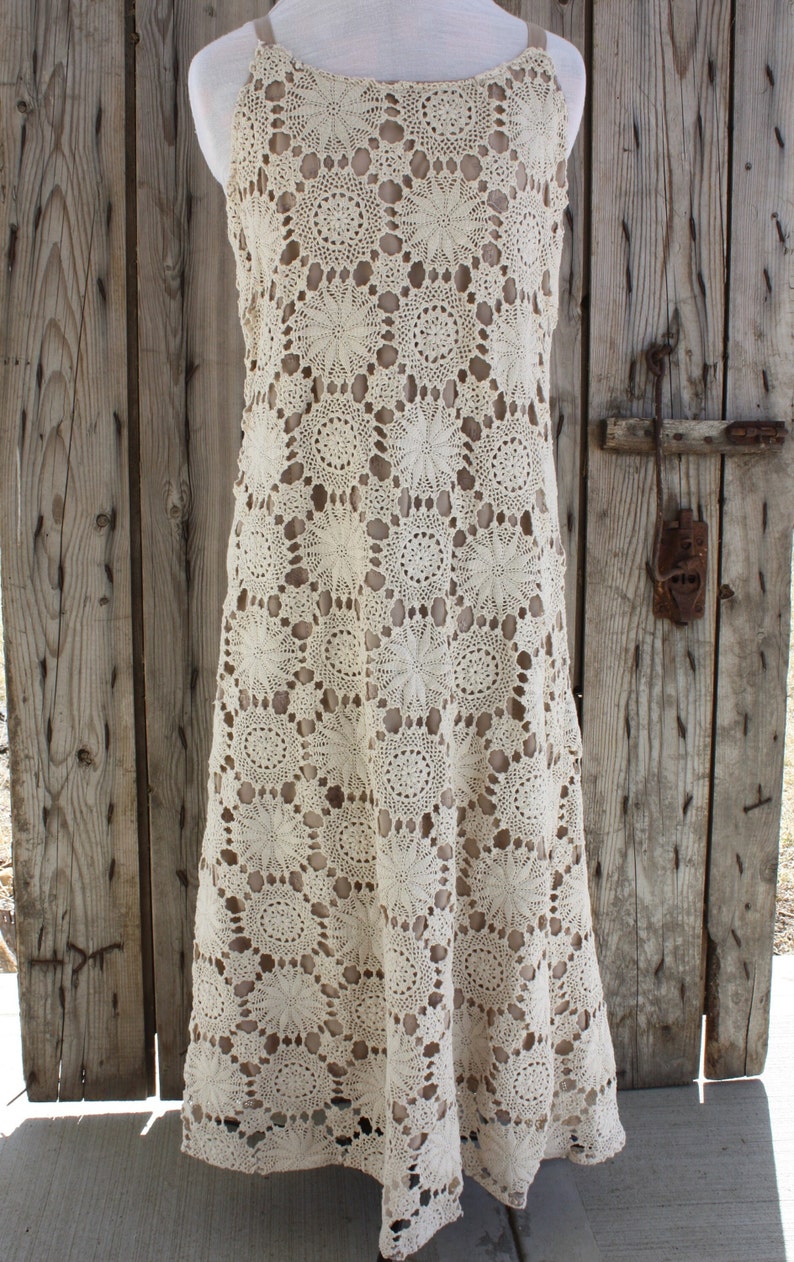 unique elegant crochet dress repurposed from vintage crochet table cloth full lined sleeveless pullover image 4