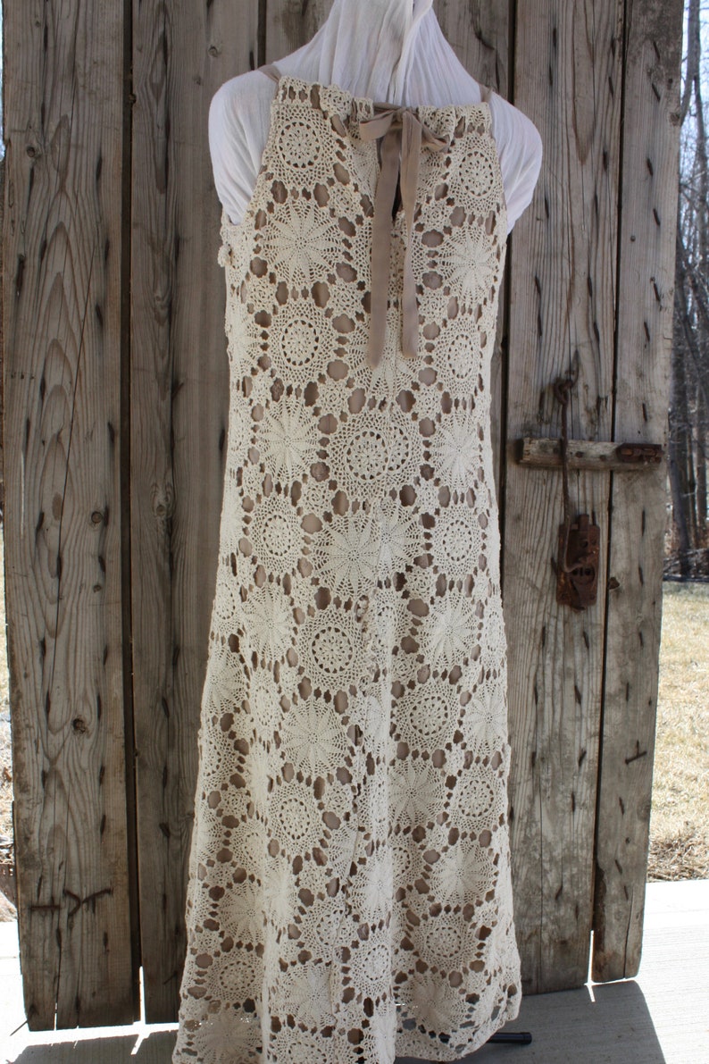 unique elegant crochet dress repurposed from vintage crochet table cloth full lined sleeveless pullover image 6