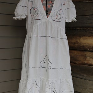 tablecloth dress/ upcycle/ cotton/ embroidered/ womens L