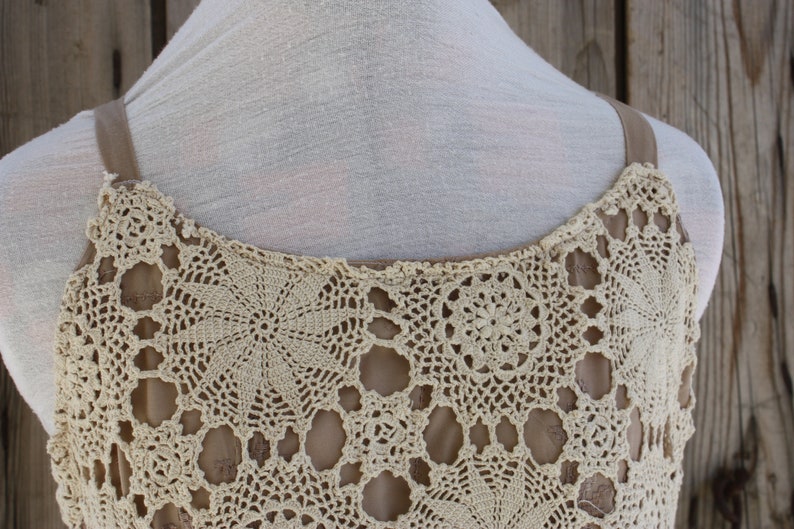 unique elegant crochet dress repurposed from vintage crochet table cloth full lined sleeveless pullover image 9