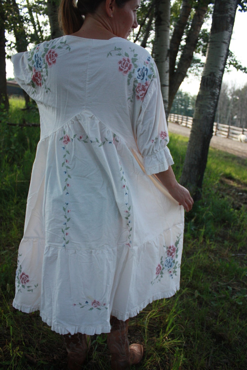 Tablecloth Dress/ Embroidered/ Pullover/ Vee Neck/ Handmade/ Upcycle Etsy
