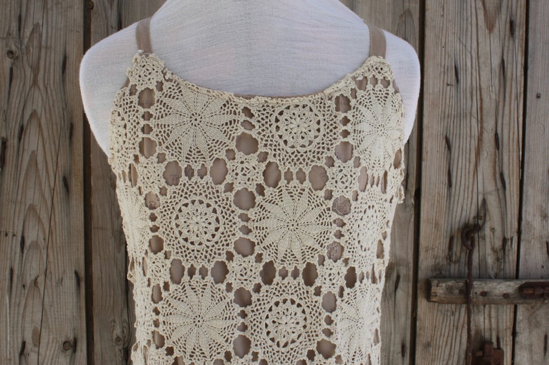 unique elegant crochet dress repurposed from vintage crochet table cloth full lined sleeveless pullover image 5