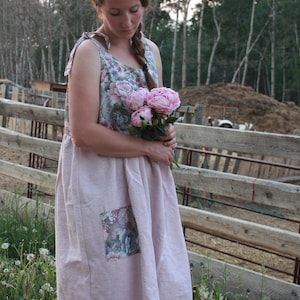 cotton dress upcycle/repurpose/ sleeveless/pullover/ handmade/ties at shoulders/ two front pockets/ made from curtain and tablecloth