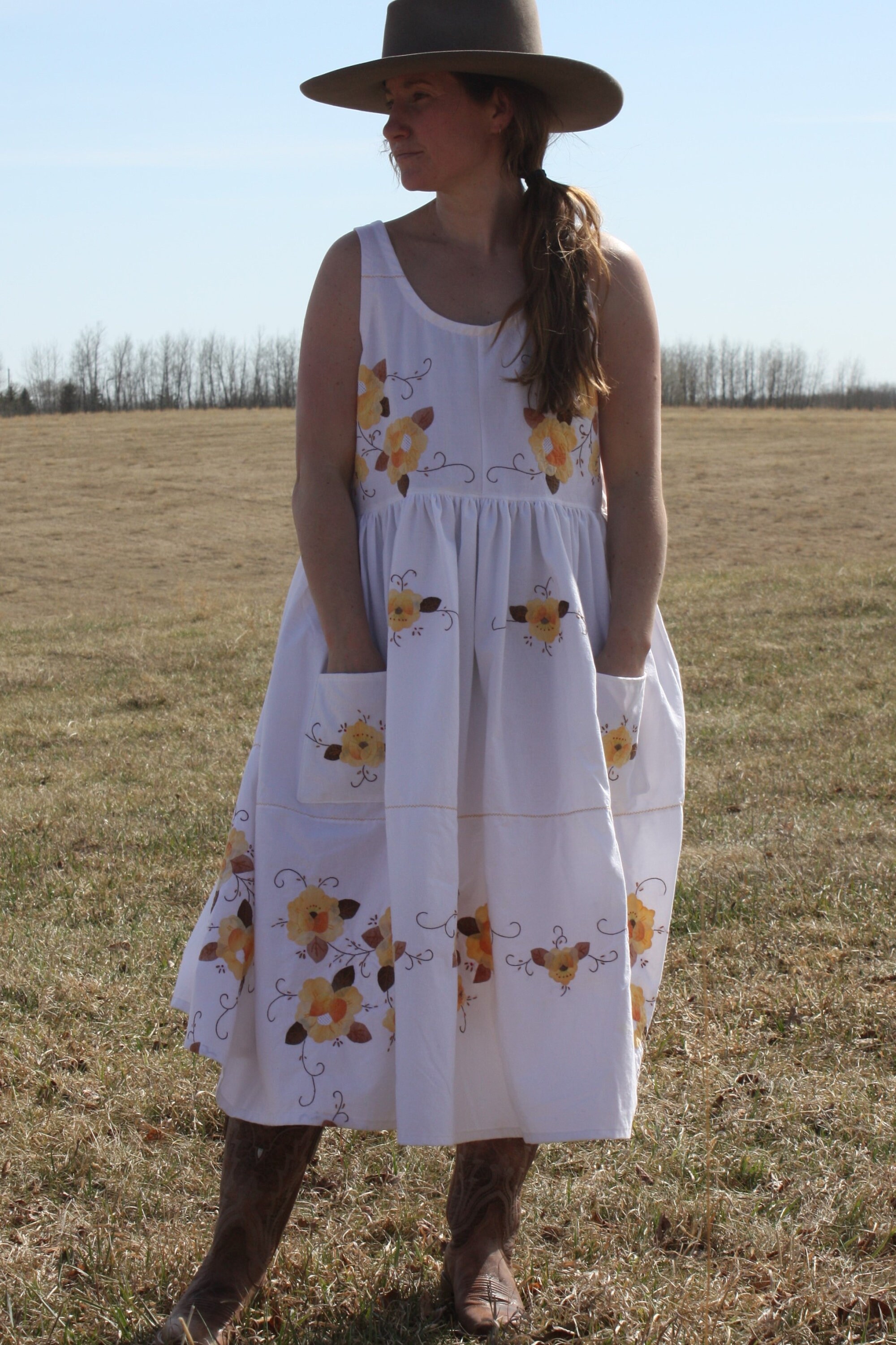 Tablecloth Dress, Cotton, Repurposed, Embroidered Flowers, Sleeveless