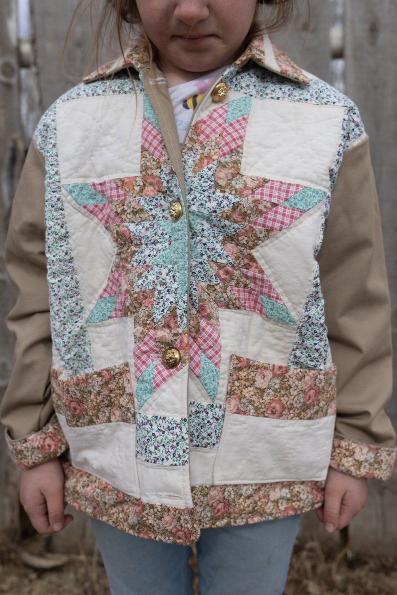 Kids quilt coat from repurposed quilted pillow shams and fully lined with durable twill image 5
