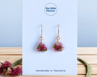 Pink Gum Tree Flower Earrings, Dried Flower Jewellery, Eucalyptus Flower Resin Earrings, Australian Native Gifts, Botanical Jewelry