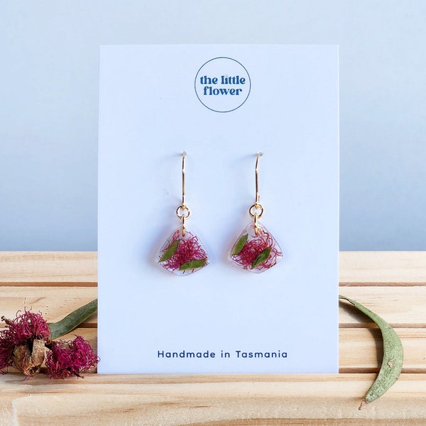 Pink Gum Tree Flower Earrings, Dried Flower Jewellery, Eucalyptus Flower Resin Earrings, Australian Native Gifts, Botanical Jewelry
