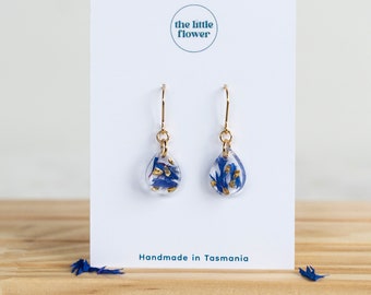 Blue Teardrop Flower Earrings | Real Flower Jewellery | Pressed Flowers | Cornflowers | Resin Earrings | Gold Jewellery | Dried Flowers