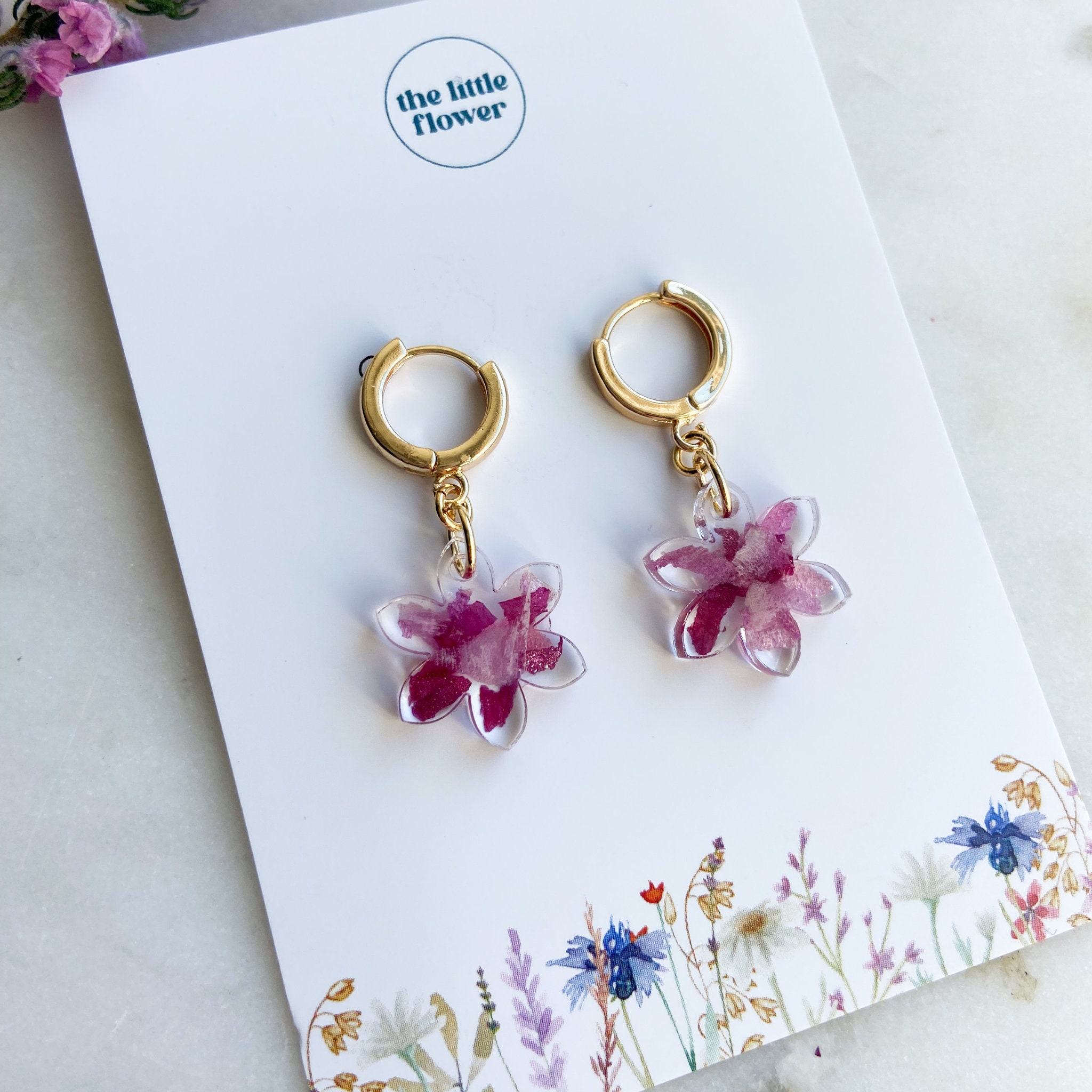 Sakura Flower Pink Huggies, Real Flower Earrings, Resin Flower Jewelry, Flower Pendant Huggies, 14k Gold Plated Jewellery, Gifts For Women
