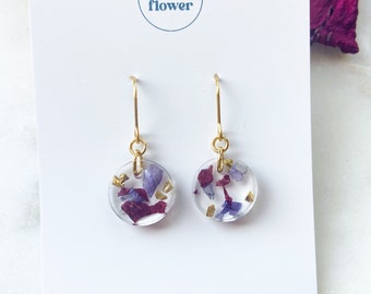 Violet and Rose Flower Earrings | Real Flower Jewellery | Resin Earrings | Pressed Flowers | Gold Jewelry | Dainty Dangles | Gifts For Her