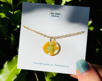 Native Wattle Resin Pendant Necklace | Australian Botanical Jewellery | Handmade Floral Keepsake | Gold or Silver Plated Necklace
