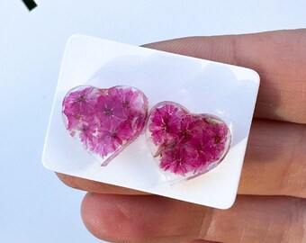 Flower Heart Stud Earrings: Dried Limonium, Botanical Jewelry