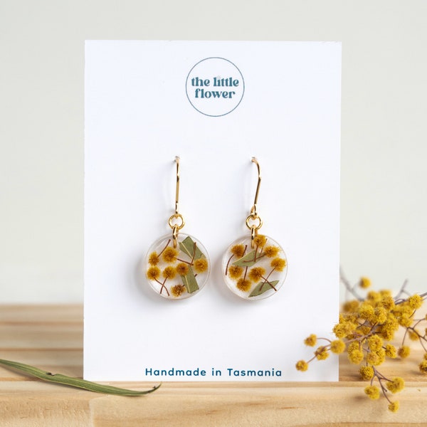 Native Wattle Flower Earrings | Australian Wattle | Flower Earrings | Floral Jewellery | Yellow Dangle Earrings | Christmas Gift Ideas