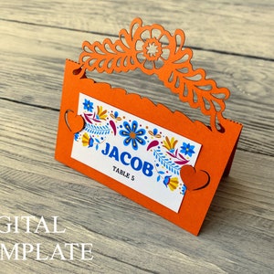 SVG template of mexican place card, Fiesta escort card, Papel picado wedding seating card cricut, Laser cut table name card paper cut cameo