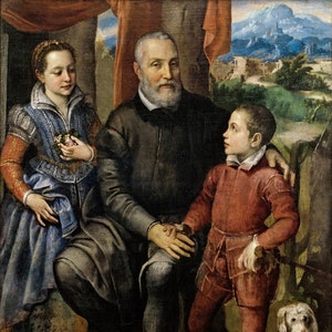 May include: A painting of a family portrait with a man, woman, and child. The man is wearing a dark suit and has a white beard. The woman is wearing a blue dress with a white collar. The child is wearing a red shirt and black pants. A white dog is sitting in the foreground.
