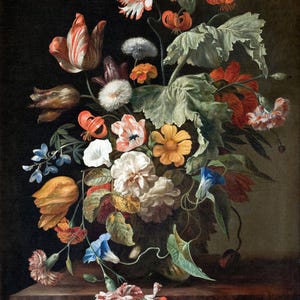 May include: A still life painting featuring a vase filled with a variety of colorful flowers, including tulips, carnations, and lilies. The flowers are arranged in a loose, natural style, and the vase is set on a wooden table. The painting is done in a realistic style, with attention to detail in the flowers and leaves.