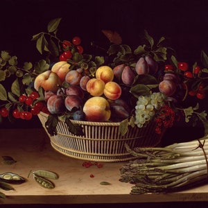 Tarjeta de Louise Moillon: Naturaleza muerta con cesta de frutas y manojo de espárragos / Arte del Instituto de Arte de Chicago