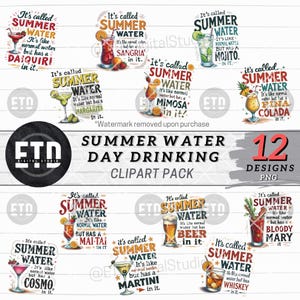 May include: A digital clipart pack featuring 12 designs of summer cocktails. Each design includes the phrase "Summer Water" with a different cocktail name, such as Daiquiri, Sangria, and Mojito. The designs are colorful and suitable for various creative projects.